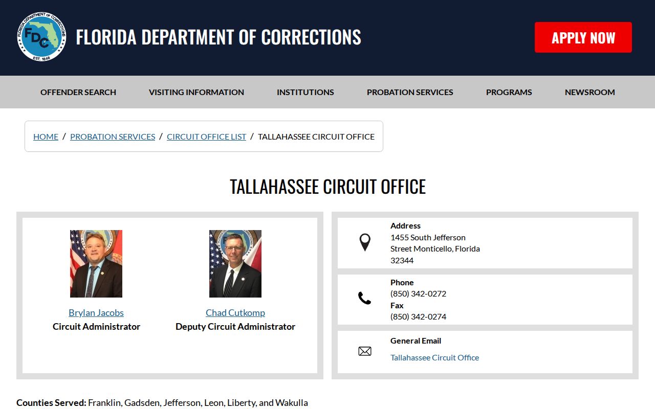 Wakulla County probation and parole Circuit 2 office listing