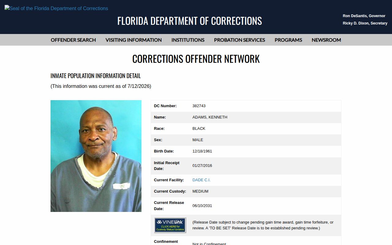 Wakulla County projected release date field in FDC record