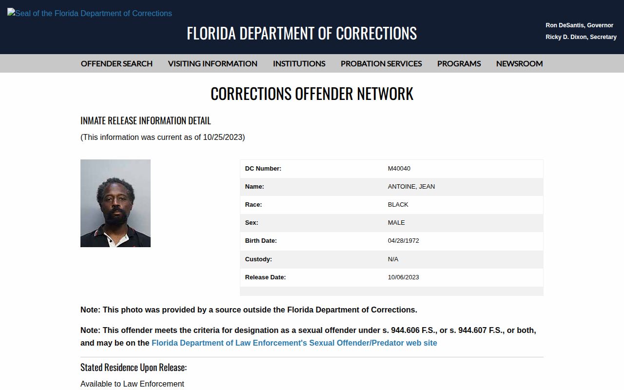 Florida FDC released-offender photo and release record for Wakulla searches