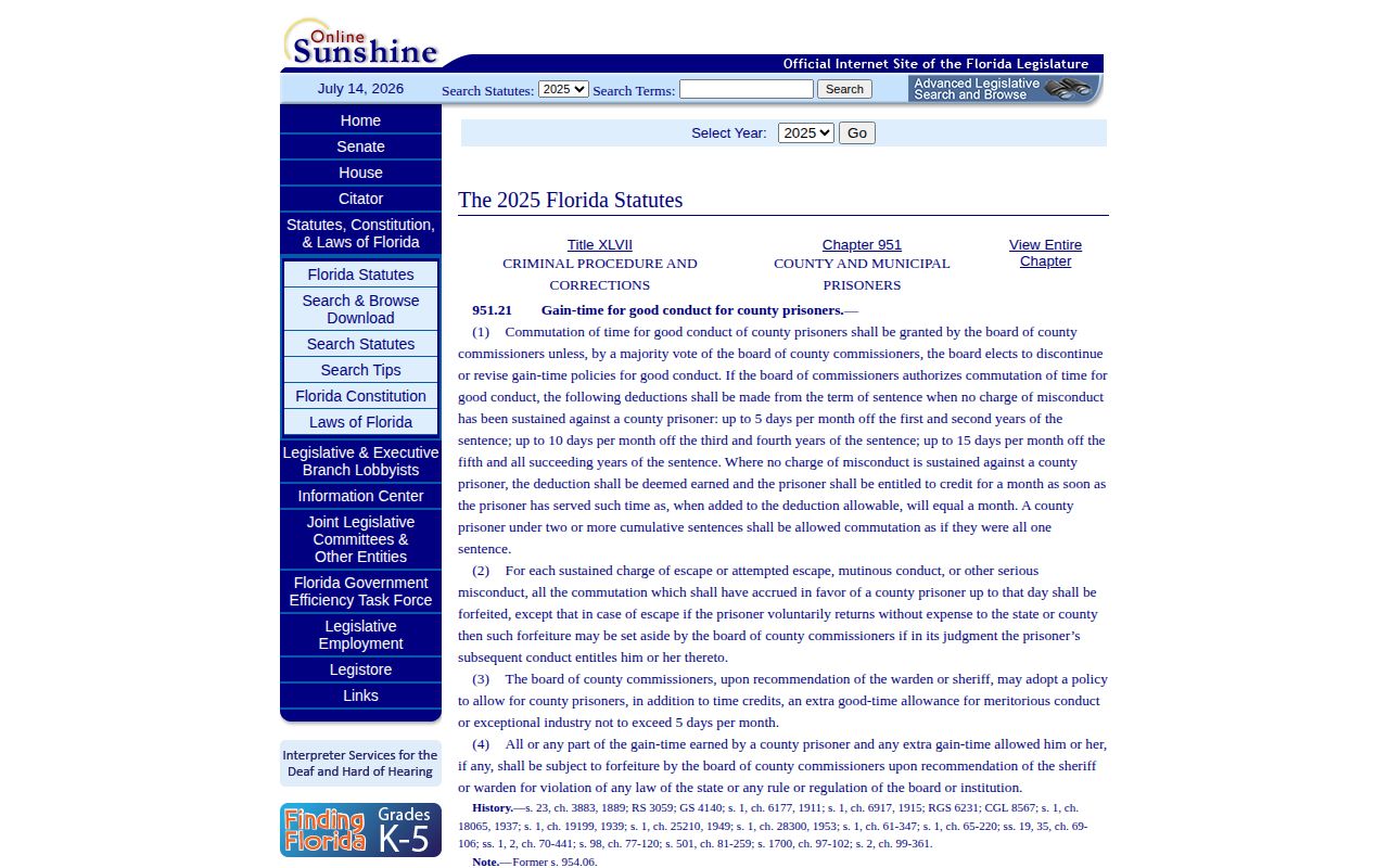 Wakulla County projected release date gain-time statute